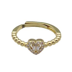 copper Heart Ring pave zircon adjustable gold plated, approx 7mm, 18mm dia