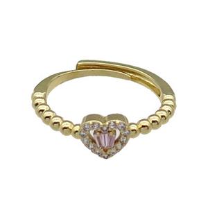 copper Heart Ring pave zircon pink adjustable gold plated, approx 7mm, 18mm dia