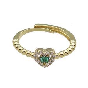 copper Heart Ring pave zircon green adjustable gold plated, approx 7mm, 18mm dia