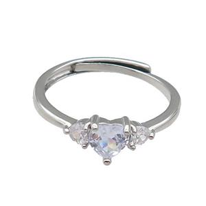 copper Heart Ring pave zircon adjustable platinum plated, approx 6mm, 3mm, 18mm dia