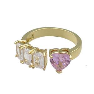 copper Heart Ring pave zircon pink gold plated, approx 8mm, 7mm, 18mm dia