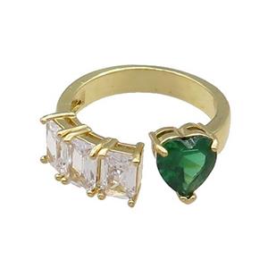 copper Heart Ring pave zircon green gold plated, approx 8mm, 7mm, 18mm dia
