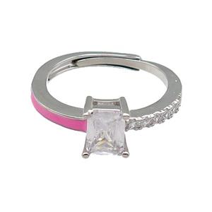 copper Ring pave zircon pink enamel rectangle adjustable platinum plated, approx 6-7mm, 18mm dia