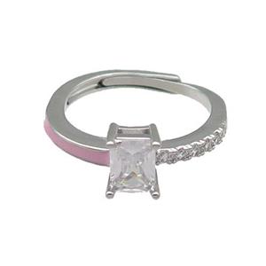 copper Ring pave zircon pink enamel rectangle adjustable platinum plated, approx 6-7mm, 18mm dia