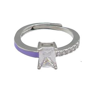 copper Ring pave zircon lavender enamel rectangle adjustable platinum plated, approx 6-7mm, 18mm dia
