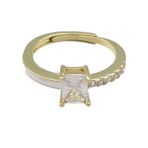 copper Ring pave zircon white enamel rectangle adjustable gold plated, approx 6-7mm, 18mm dia