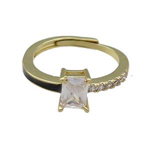 copper Ring pave zircon black enamel rectangle adjustable gold plated, approx 6-7mm, 18mm dia