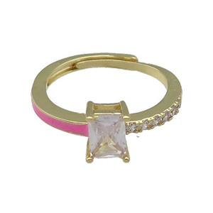 copper Ring pave zircon pink enamel rectangle adjustable gold plated, approx 6-7mm, 18mm dia