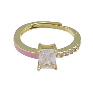 copper Ring pave zircon pink enamel rectangle adjustable gold plated, approx 6-7mm, 18mm dia