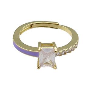 copper Ring pave zircon lavender enamel rectangle adjustable gold plated, approx 6-7mm, 18mm dia