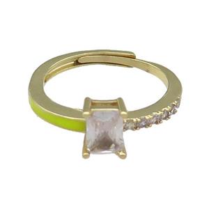 copper Ring pave zircon yellow enamel rectangle adjustable gold plated, approx 6-7mm, 18mm dia