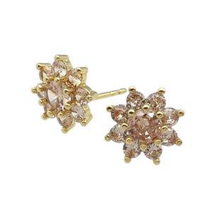 copper flower Stud Earring pave zircon champagne gold plated, approx 11mm dia
