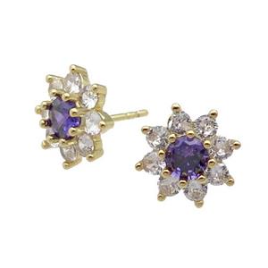copper flower Stud Earring pave zircon purple gold plated, approx 11mm dia