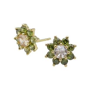 copper flower Stud Earring pave zircon olive gold plated, approx 11mm dia