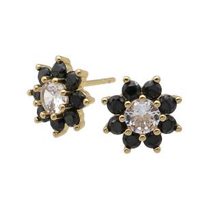 copper flower Stud Earring pave zircon black gold plated, approx 11mm dia