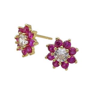 copper flower Stud Earring pave zircon hotpink gold plated, approx 11mm dia