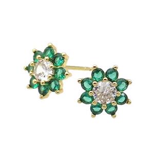 copper flower Stud Earring pave zircon green gold plated, approx 11mm dia