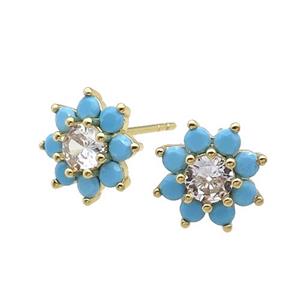 copper flower Stud Earring pave zircon turq gold plated, approx 11mm dia