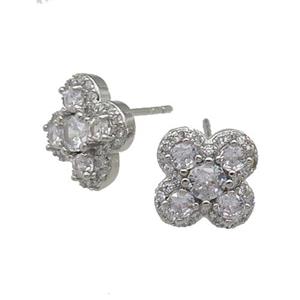 copper Clover Stud Earring pave zircon platinum plated, approx 11mm