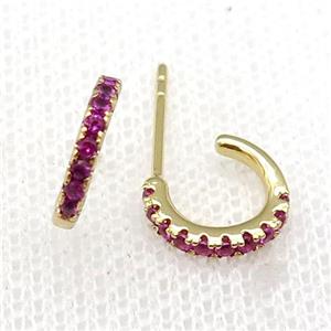 copper Stud Earrings pave hotpink zircon gold plated, approx 10mm