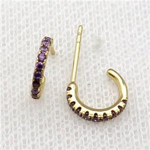 copper Stud Earrings pave purple zircon gold plated, approx 10mm