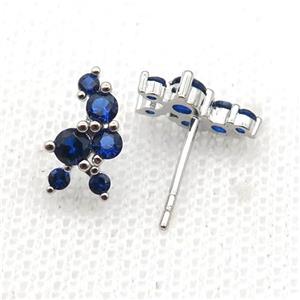 copper Stud Earrings pave blue zircon platinum plated, approx 6-11mm