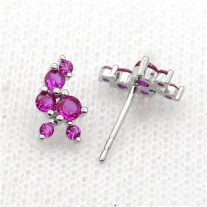 copper Stud Earrings pave hotpink zircon platinum plated, approx 6-11mm