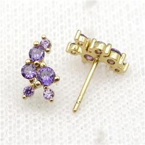 copper Stud Earrings pave purple zircon gold plated, approx 6-11mm