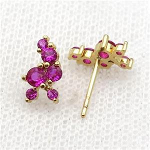 copper Stud Earrings pave hotpink zircon gold plated, approx 6-11mm