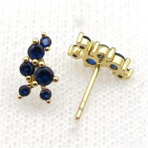 copper Stud Earrings pave blue zircon gold plated, approx 6-11mm