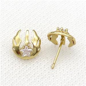 copper Stud Earring pave zircon angel wing gold plated, approx 10-11mm