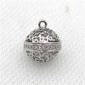 copper round ball pendant pave zircon hollow platinum plated, approx 12-13mm