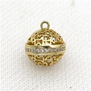 copper round ball pendant pave zircon hollow gold plated, approx 12-13mm
