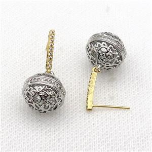 copper ball Stud Earring pave zircon hollow platinum plated, approx 12-13mm, 12mm