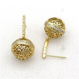 copper ball Stud Earring pave zircon hollow gold plated, approx 12-13mm, 12mm