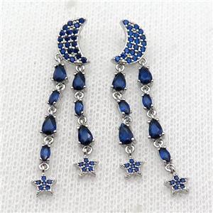 copper Moon Stud Earring pave blue zircon tassel platinum plated, approx 7-10mm, 40mm length