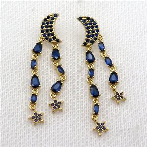 copper Moon Stud Earring pave blue zircon tassel gold plated, approx 7-10mm, 40mm length