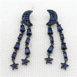 copper Moon Stud Earring pave blue zircon tassel black plated, approx 7-10mm, 40mm length