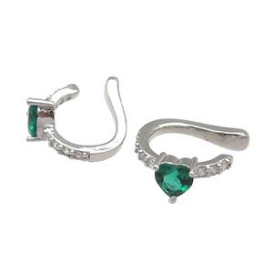 copper Clip Earring pave zircon green platinum plated, approx 6mm, 15mm