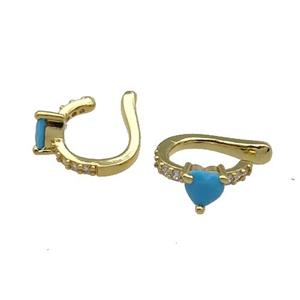 copper Clip Earring pave zircon turq gold plated, approx 6mm, 15mm