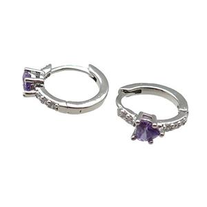 copper Hoop Earring pave zircon purple heart platinum plated, approx 12.5mm dia