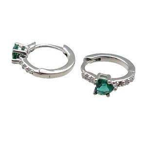 copper Hoop Earring pave zircon green heart platinum plated, approx 12.5mm dia
