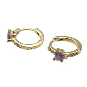 copper Hoop Earring pave zircon purple heart gold plated, approx 12.5mm dia