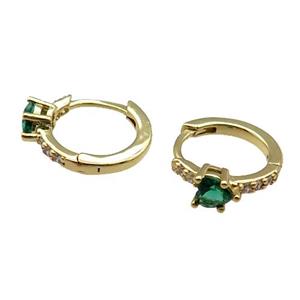 copper Hoop Earring pave zircon green heart gold plated, approx 12.5mm dia