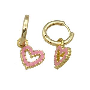 copper Hoop Earring pink enamel heart gold plated, approx 11mm, 14mm dia