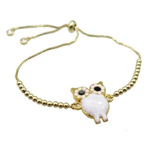 copper Bracelet with owl white enamel gold plated, approx 20-23mm, 3mm, 23cm length