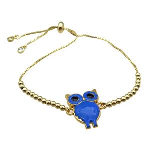 copper Bracelet with owl blue enamel gold plated, approx 20-23mm, 3mm, 23cm length