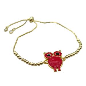 copper Bracelet with owl red enamel gold plated, approx 20-23mm, 3mm, 23cm length