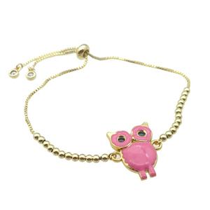 copper Bracelet with owl pink enamel gold plated, approx 20-23mm, 3mm, 23cm length
