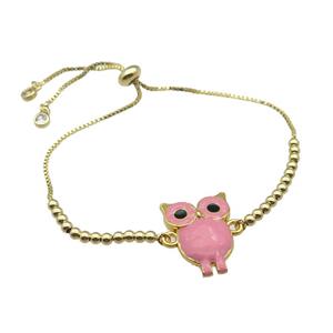 copper Bracelet with owl pink enamel gold plated, approx 20-23mm, 3mm, 23cm length